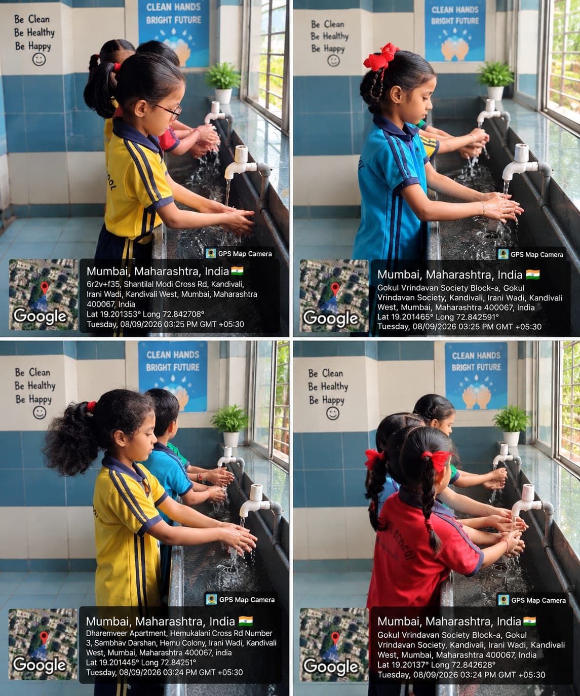 Students washing their hands at a row of taps